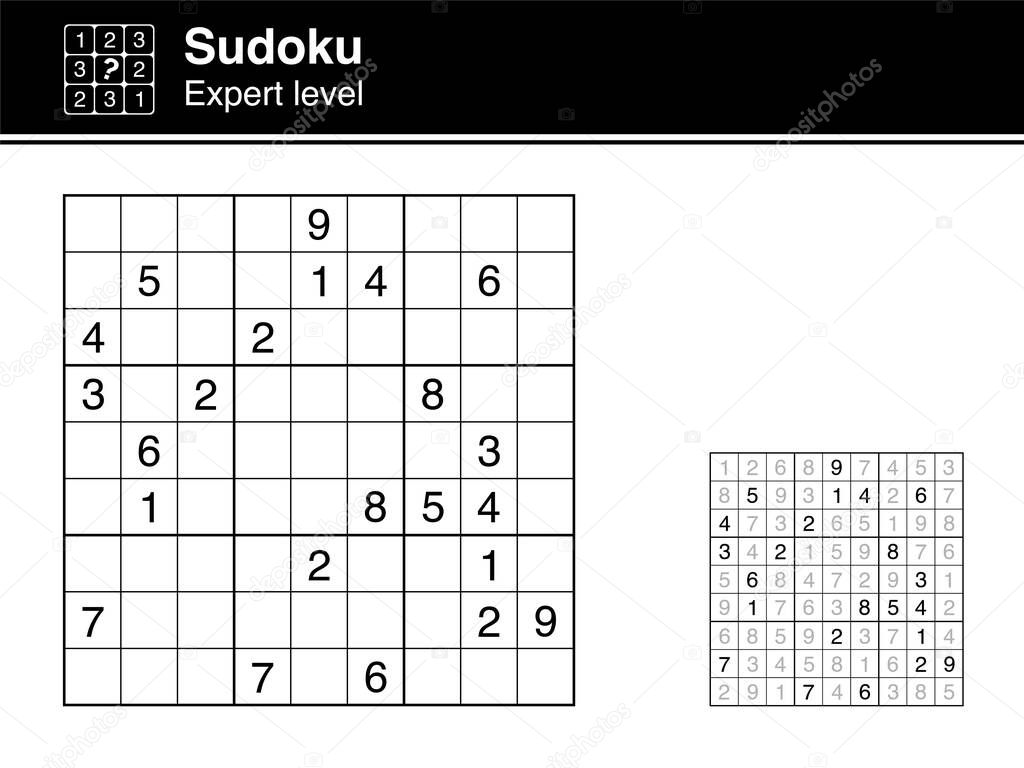 Sudoku. Expert level. Black and white, with solution. Sudoku icon.