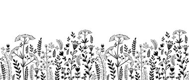 Çeşitli bitkiler, bitkiler ve çiçeklerle kusursuz bir sınır. Doodle tarzı. Sadece siyah..     