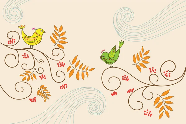 Doodle Vector Illustratie Met Vogels Rowan Bomen Wervelwinden Rode Bessen — Stockvector