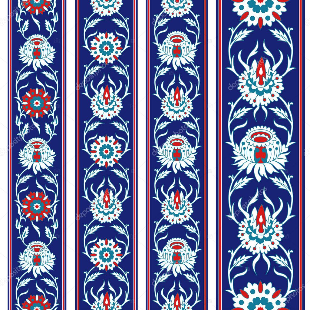 Set of seamless Persian floral borders, same color set. Vertical orientation.