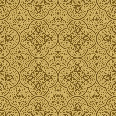 Sarmaş dolaş çiçek girdaplarıyla kusursuz desen. Hint-İran sanatı. Altın, ahşap arka plan. Örnekleme dahil.