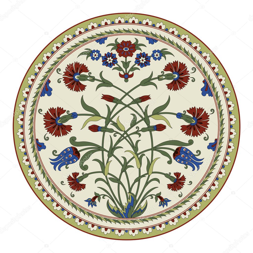 Decorative round floral pattern with bouquet of whimsical flowers. Ancient Persian style. Plate, arabesques. 