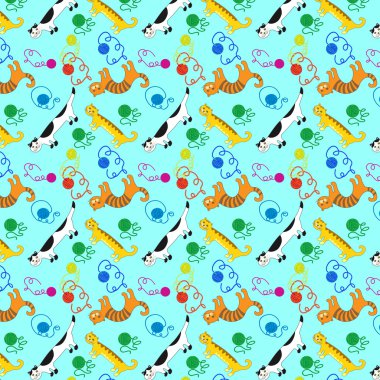 Komik vektör kediler ve yün topları desen.