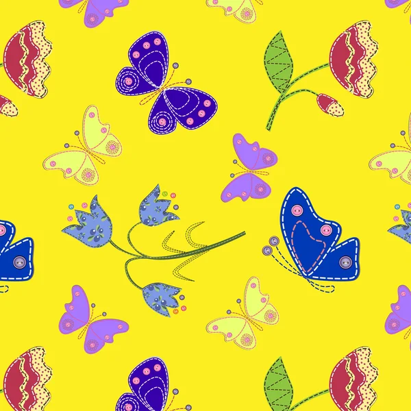 缝合的织物花和蝴蝶，无缝模式. — 图库矢量图片