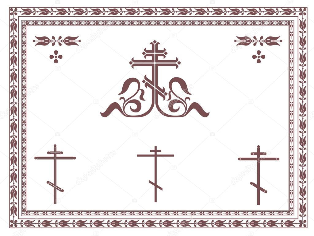 Ornamental orthodox cross, geometric orthodox crosses, frames and decorative elements.