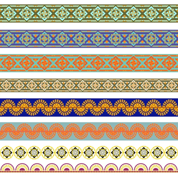 Set von 8 geometrischen exotischen nahtlosen Grenzen unterschiedlicher Farben. — Stockvektor