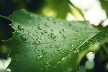 Çiy damlaları. Güzel bir bitki yaprağı. Bitki çiğ tanesinde.
