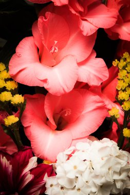 Rahat ev, buket, çiçek tasarım, kopya alanı, pembe beyaz sarı çiçekler, sarı, pembe Kılıç çiçeği siyah bir arka plan, sarı Lily, siyah zemin üzerine sarı zambak yakın çekim