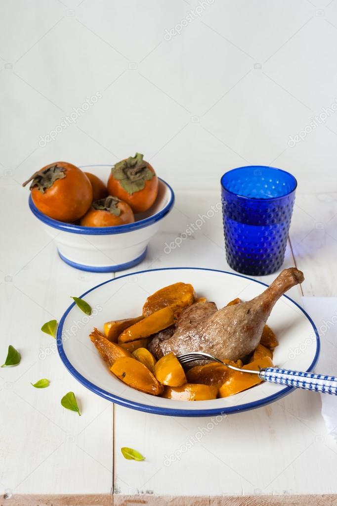 Oven baked Duck leg with fried persimmons