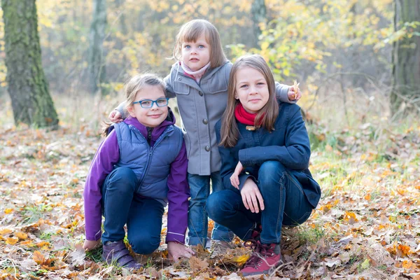 Tre sorelle nella foresta autunnale sorridenti — Foto Stock