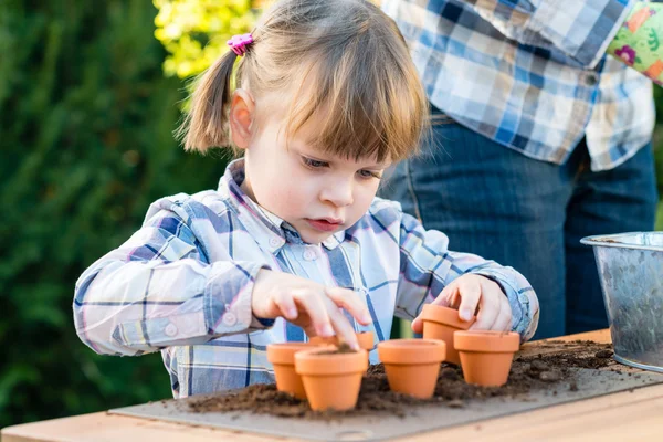 Niña plantando bulbos de flores con su madre —  Fotos de Stock