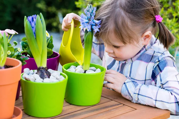 Ragazza irrigazione fiori — Foto Stock