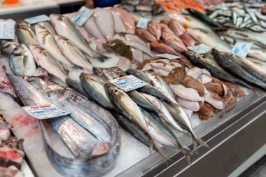 Vila Franca de Xira, Portekiz - 18 Ekim 2019, markette taze deniz ürünleri pazara sunuldu. Fiyat etiketleri, balık ve filetolar dahil olmak üzere. Mutfak kavramları için canlı perakende satış.
