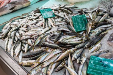 Vila Franca de Xira, Portekiz - 18 Ekim 2019, deniz ürünleri tezgahında taze sardalya ve uskumru yığını, Portekiz balık toptan satışı, mutfak perakendecisi, Akdeniz mutfağı