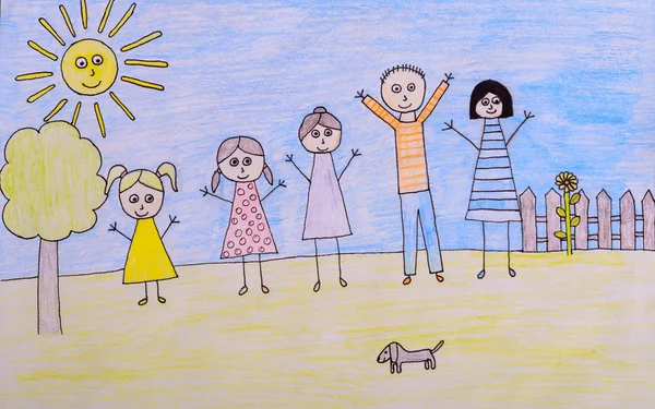 Kids drawing happy family picture — Stock Photo, Image