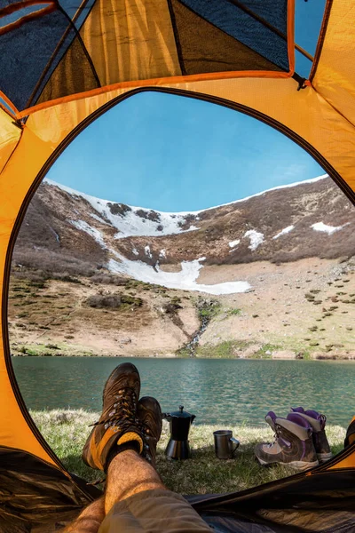 View Tent Open Tent Mountain Views Trekking Boots Freshly Brewed — Stock Photo, Image