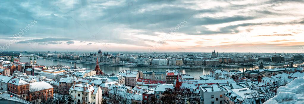 Panoramic view of Budapest city and Chain Bridge on a frosty snowy winter morning