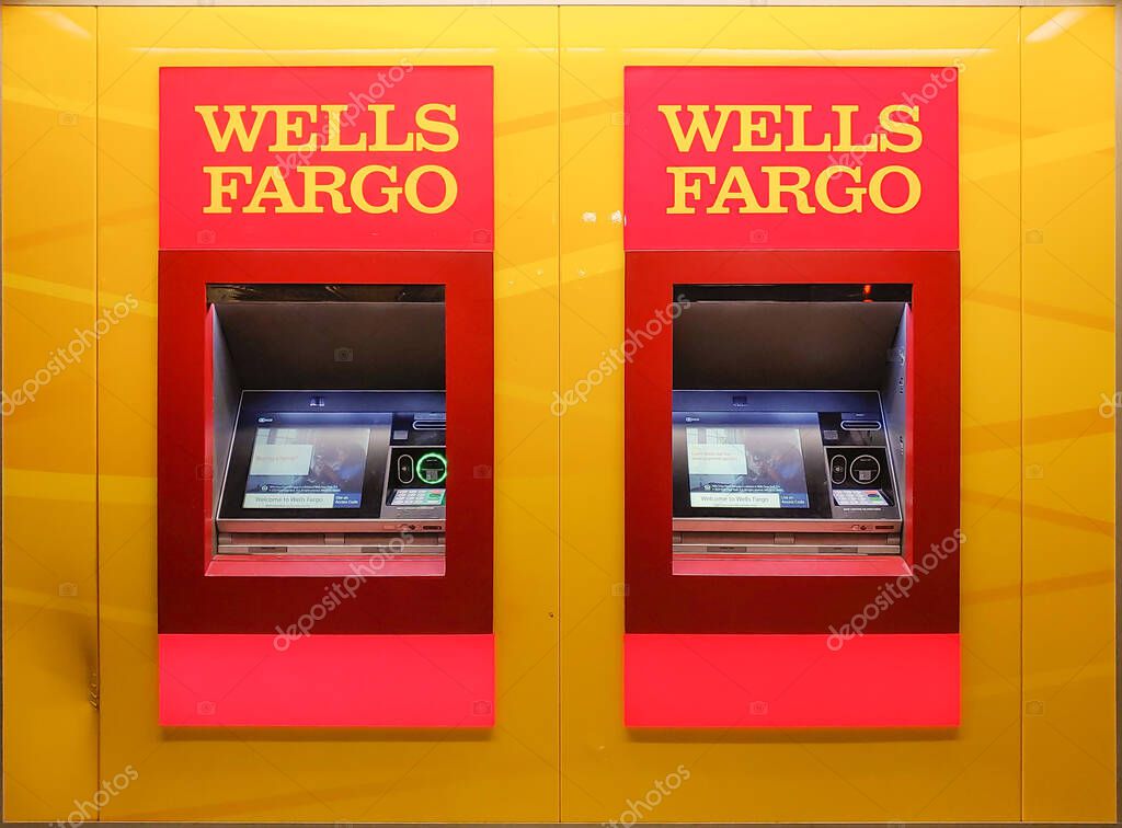Two Wells Fargo Bank ATM machines isolated, automated teller, San Francisco, CA, 2020