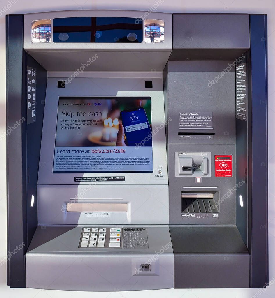 Row of three Bank of America ATM machines isolated, automated teller, San Francisco, CA, 2020