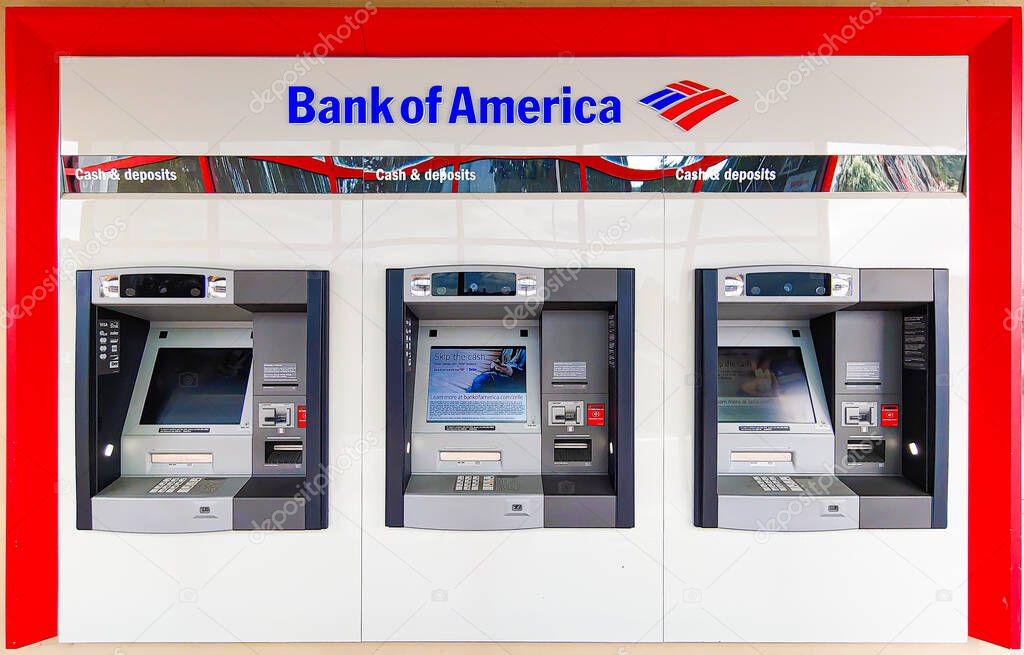 Row of three Bank of America ATM machines isolated, automated teller, San Francisco, CA, 2020
