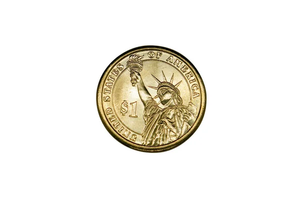 ホワイトに隔離された自由の女神のイメージと黄金の1ドル硬貨 — ストック写真