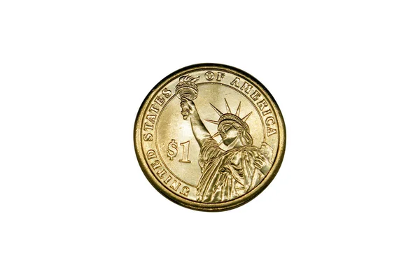 Moneda Oro Dólar Con Imagen Estatua Libertad Aislada Blanco — Foto de Stock