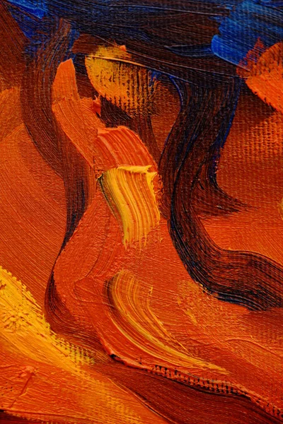 Soyut yağlı boya resim. Kırmızı, turuncu ve mavi renklerin karışımı. Yaratıcı arkaplan.