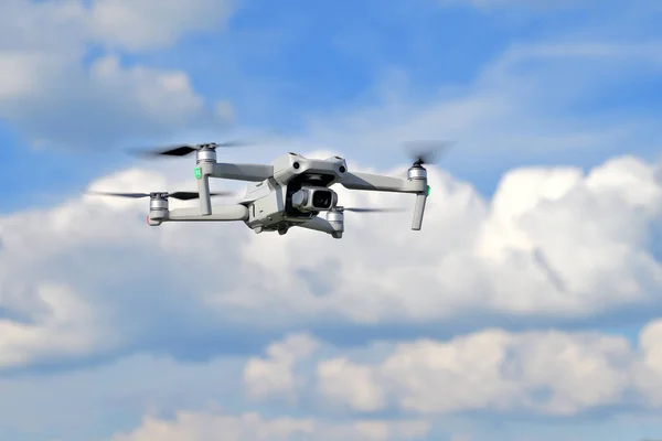 Flying Drone Quadcopter Closeup Front View Blue Sky Background Uav Stock Photo