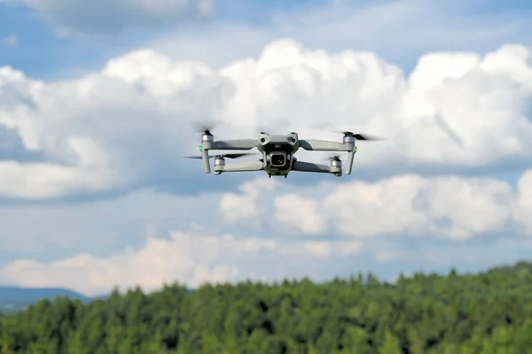 Flying Drone Quadcopter Closeup Front View Forest Uav Drone Copter Royalty Free Stock Images