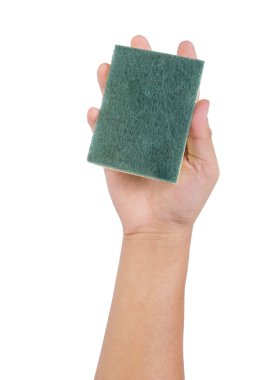 Beyaz izole bir temizlik sünger tutan el