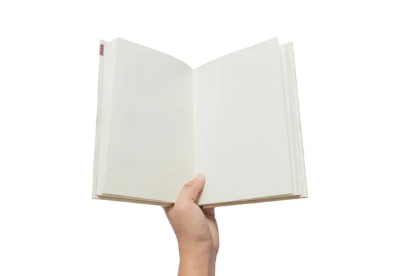 Mano sosteniendo libro blanco aislado en blanco — Foto de Stock