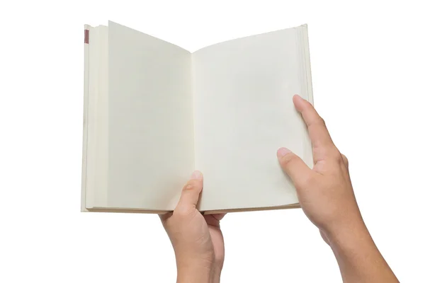 Mão segurando livro branco isolado em branco — Fotografia de Stock