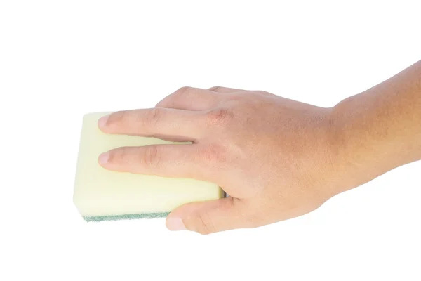 Hand holding a cleaning sponge isolated on a white — Stock Photo, Image