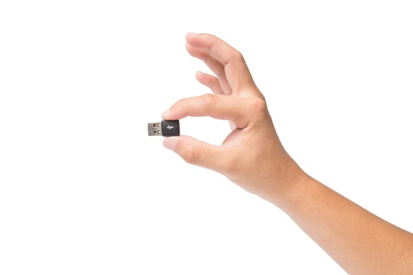 Tenuta a mano dispositivo USB isolato su bianco — Foto Stock