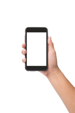 El beyaz izole dokunmatik ekrana sahip akıllı telefon tutarak