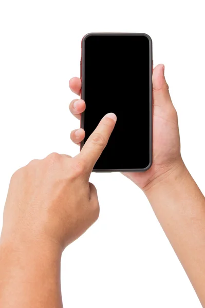 Hand met slimme telefoon met touchscreen geïsoleerd op wit — Stockfoto