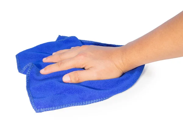 Hand holding a blue cleaning rag isolated on white — Stock Photo, Image