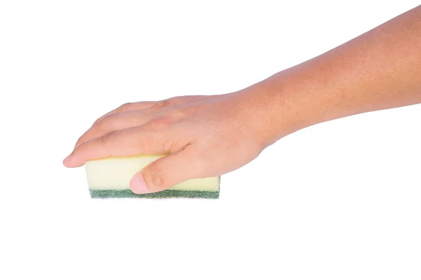 Hand holding a cleaning sponge isolated on a white — Stock Photo, Image