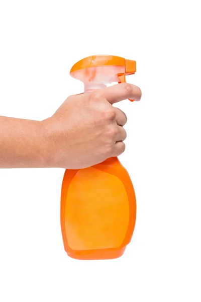 Mano sosteniendo una botella de spray — Foto de Stock
