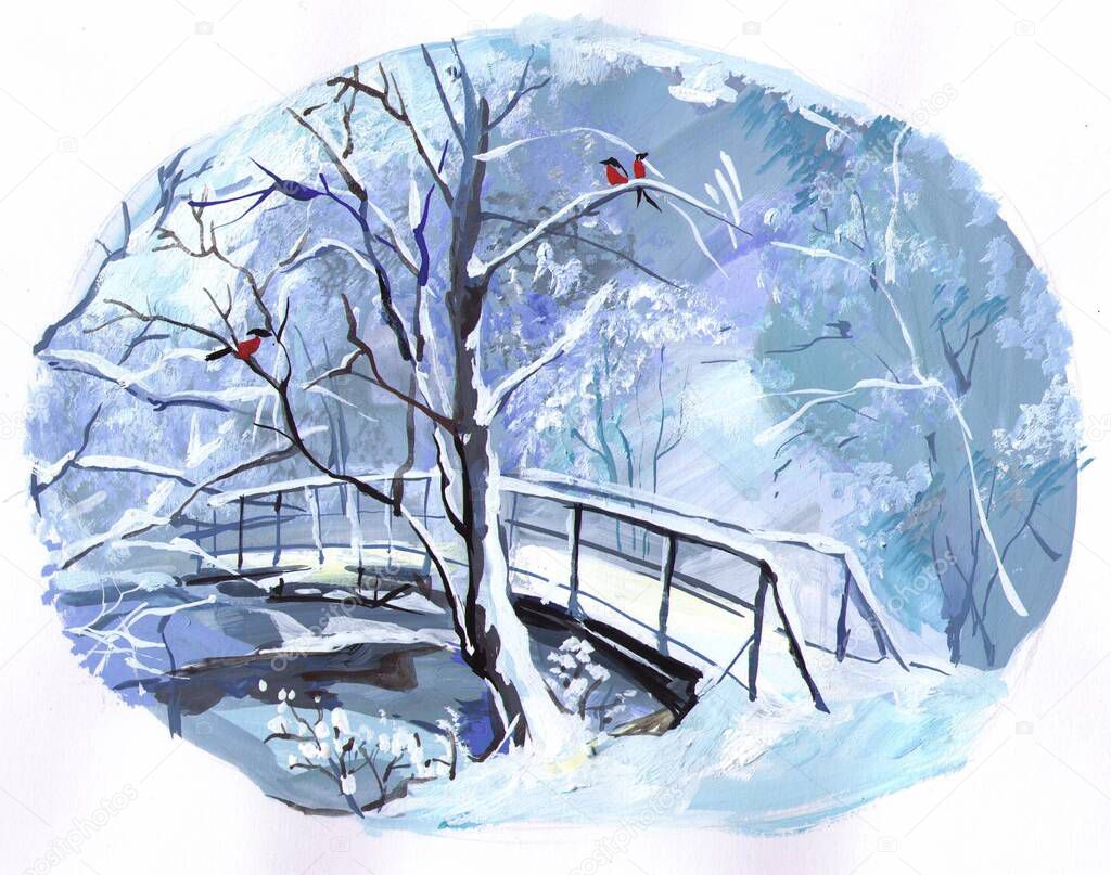 winter landscape with bridge and tree