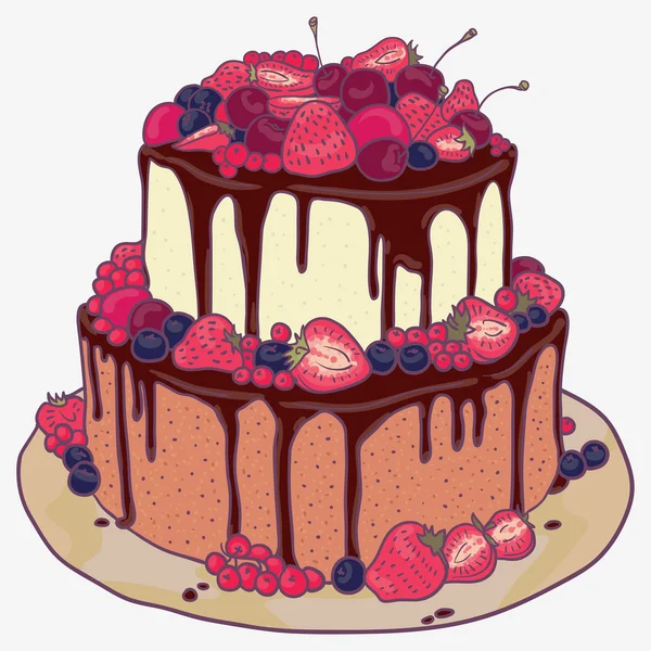 Pastel con fresas, cerezas, arándanos y chocolate — Archivo Imágenes Vectoriales