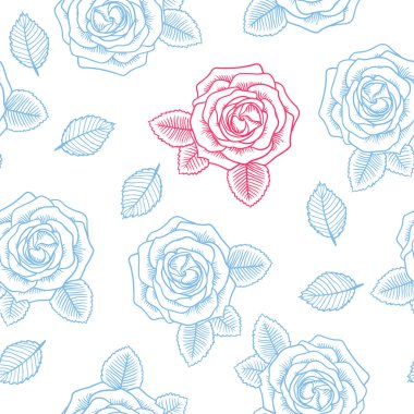 kesintisiz grafik kontur gül mavi ve pembe desen