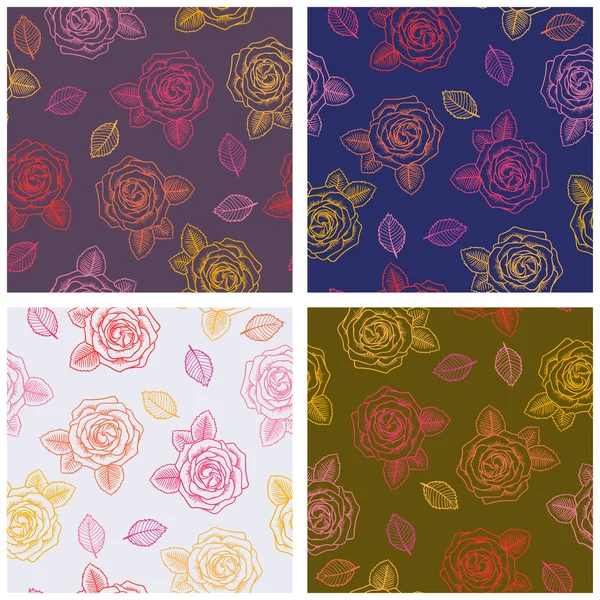 Set of seamless graphic contour roses pattern — Stock Vector