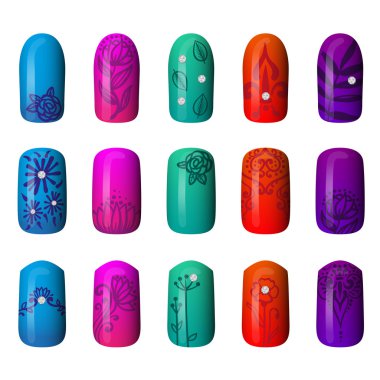 renkli boyalı çivi kümesi. Manikür. tırnak cilası.