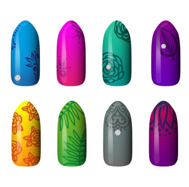 renkli boyalı çivi kümesi. Manikür. tırnak cilası.