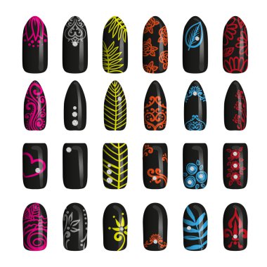 renkli boyalı çivi kümesi. Manikür. tırnak cilası.