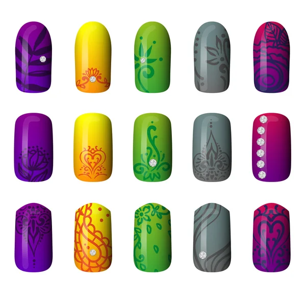 Conjunto de uñas pintadas de colores. manicura. esmalte de uñas . — Vector de stock