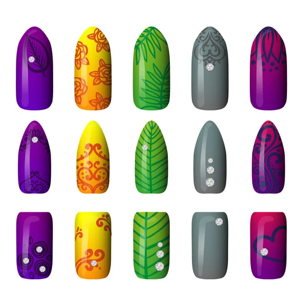 Conjunto de uñas pintadas de colores. manicura. esmalte de uñas . — Vector de stock