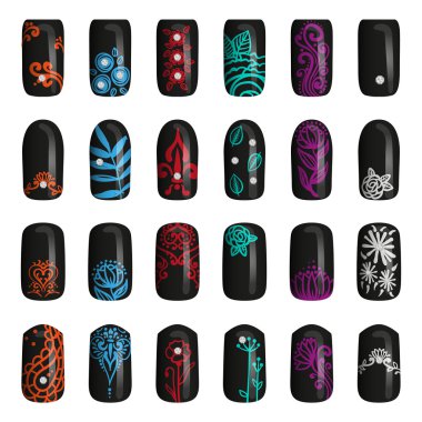 renkli boyalı çivi kümesi. Manikür. tırnak cilası.