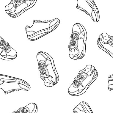 Doodle seamless modeli kontur ayakkabı. beyaz izole karikatür spor ayakkabı
